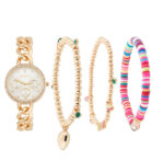 Women's Inspirational Gold-Tone Metal Alloy Bracelet Watch 34mm Gift Set