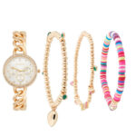 Women's Inspirational Gold-Tone Metal Alloy Bracelet Watch 34mm Gift Set