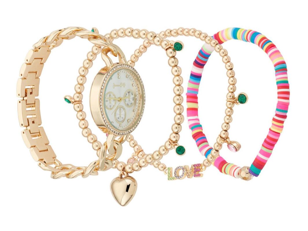 Women's Inspirational Gold-Tone Metal Alloy Bracelet Watch 34mm Gift Set