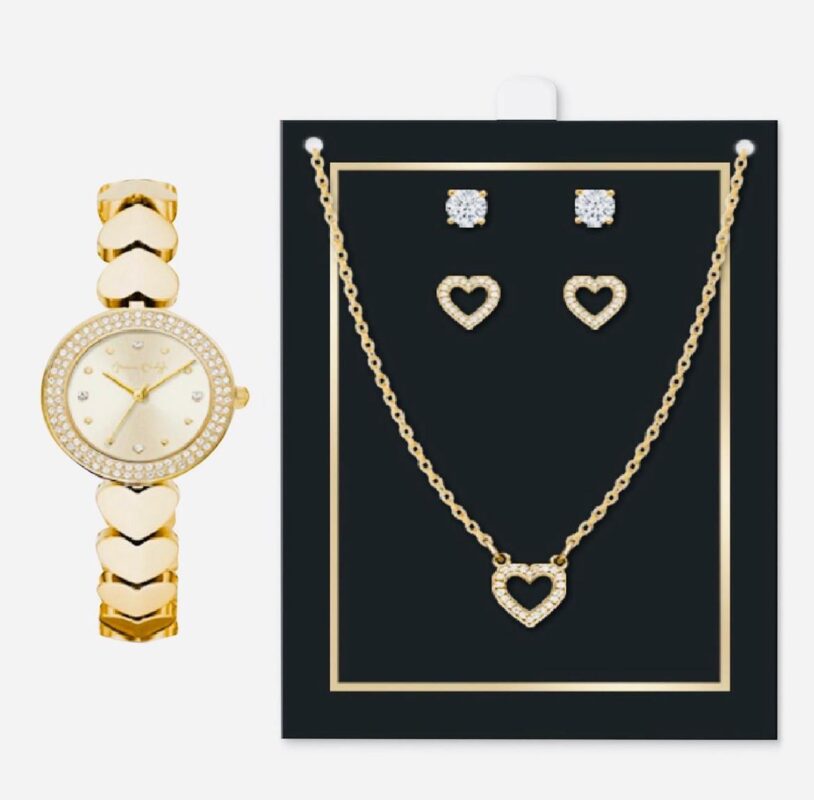 Women's Heart-Link Bracelet Watch 28mm Jewelry Gift Set