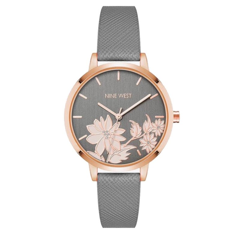 Nine West Women’s Floral Dial Gray Strap Watch – 36mm